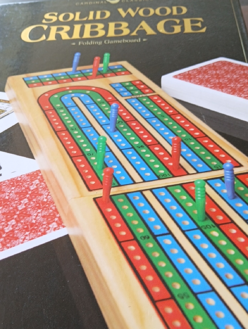 Solid Wood Cribbage Board - Natural Wood with Red, Green & Blue Tracks